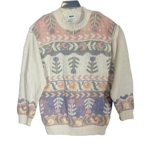 Leslie Fay Vintage Sweater Womens Sz Medium Off White Embroidered Pullover Comfy